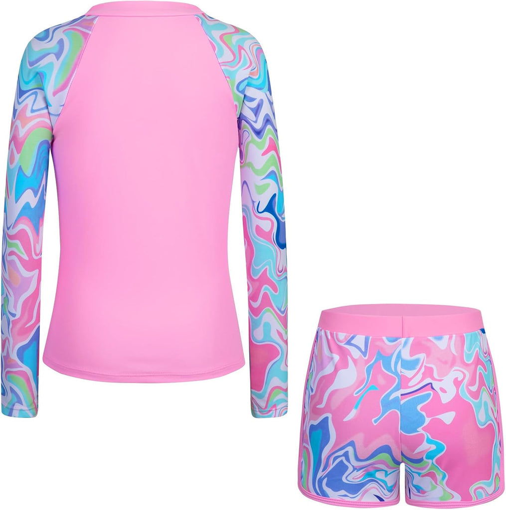 Girls Rash Guard Swimsuits Long Sleeve Swimsuit 2 Piece Bathing Suits UPF 50+ Zip Swimwear Boyshorts