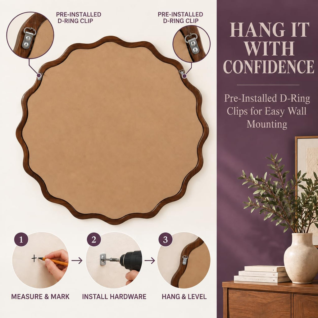 30" Walnut Wavy Round Mirror, Scalloped Wood Frame Wall Mirror