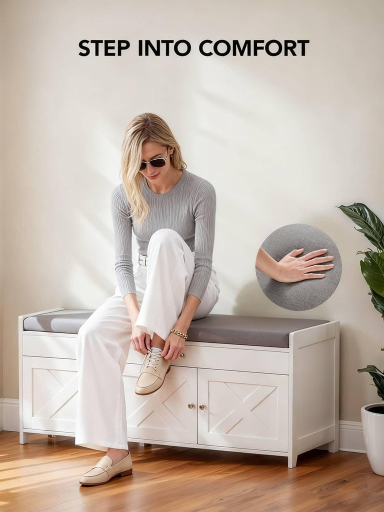 Farmhouse Shoe Storage Bench with Cushion, 3 Doors & Lift-Top Storage, Adjustable Shelves, 300 lbs Capacity Entryway