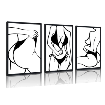 3 Sets Minimalist Woman Framed Canvas Wall Art Sexy Girl Figure Black White Line Posters Wall Decor Abstract Female
