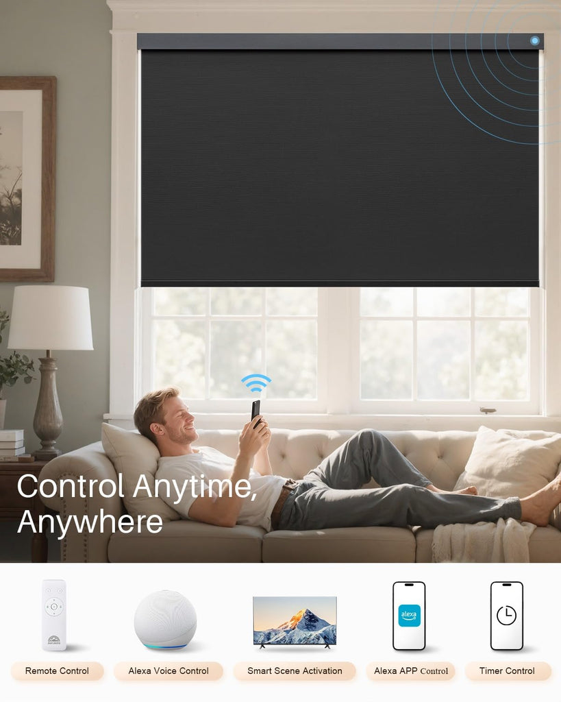 Smart Roller Shades for Windows, Works with Alexa, Black