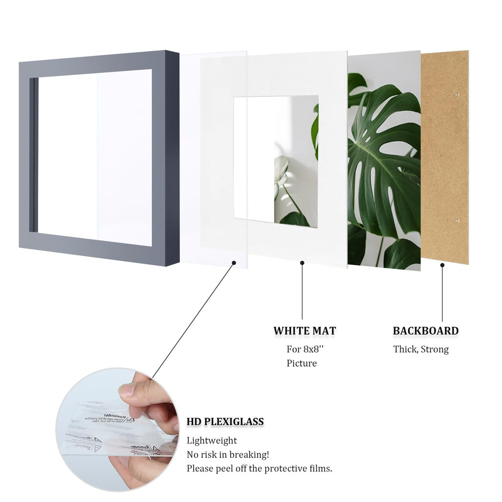 11x11 Picture Frame Display Pictures 4x4 or 8x8 with Mat or 11x11 Without Mat Made of Solid Wood with Plexiglass for