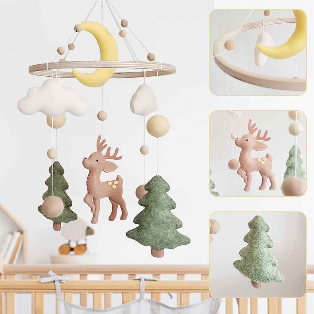 Baby Mobile for Crib - A Gender Neutral Deer Forest Crib Mobile with Felt Clouds and Trees for Jungle Theme Nursery