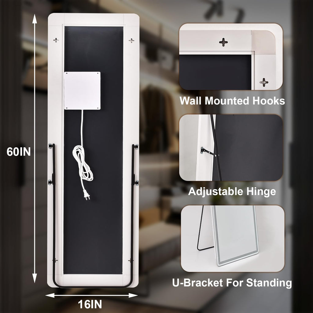 LED Rectangular Corner White Full Length Mirror - 16" x 60" Brightness Adjustable, Touch Screen Control, Wall Mounted