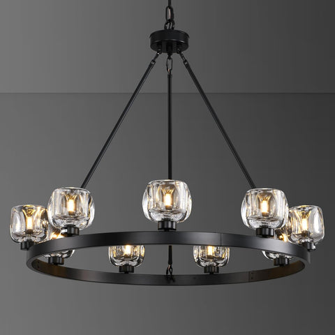 Black Wagon Wheel Chandelier, 36 Inch Black Chandeliers with Unique Glass Shade, 9-Light Crystal Farmhouse Wagon Wheel Chandeliers for Dining Room, Round Chandelier for Living Room, Foyer, Entryway A126-B0DT4BM8VG
