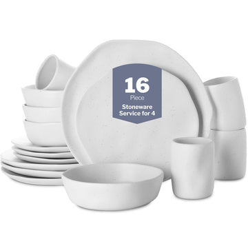 Modern Debossed Stoneware 16-Piece Dinnerware Set, Plate and Bowl Set, Dish Set for 4, White Speckled