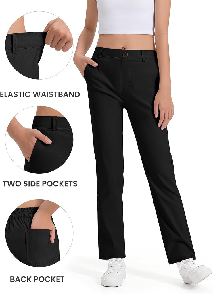 Girls Uniform Pants Kids Dress Pants High Stretchy with Pockets