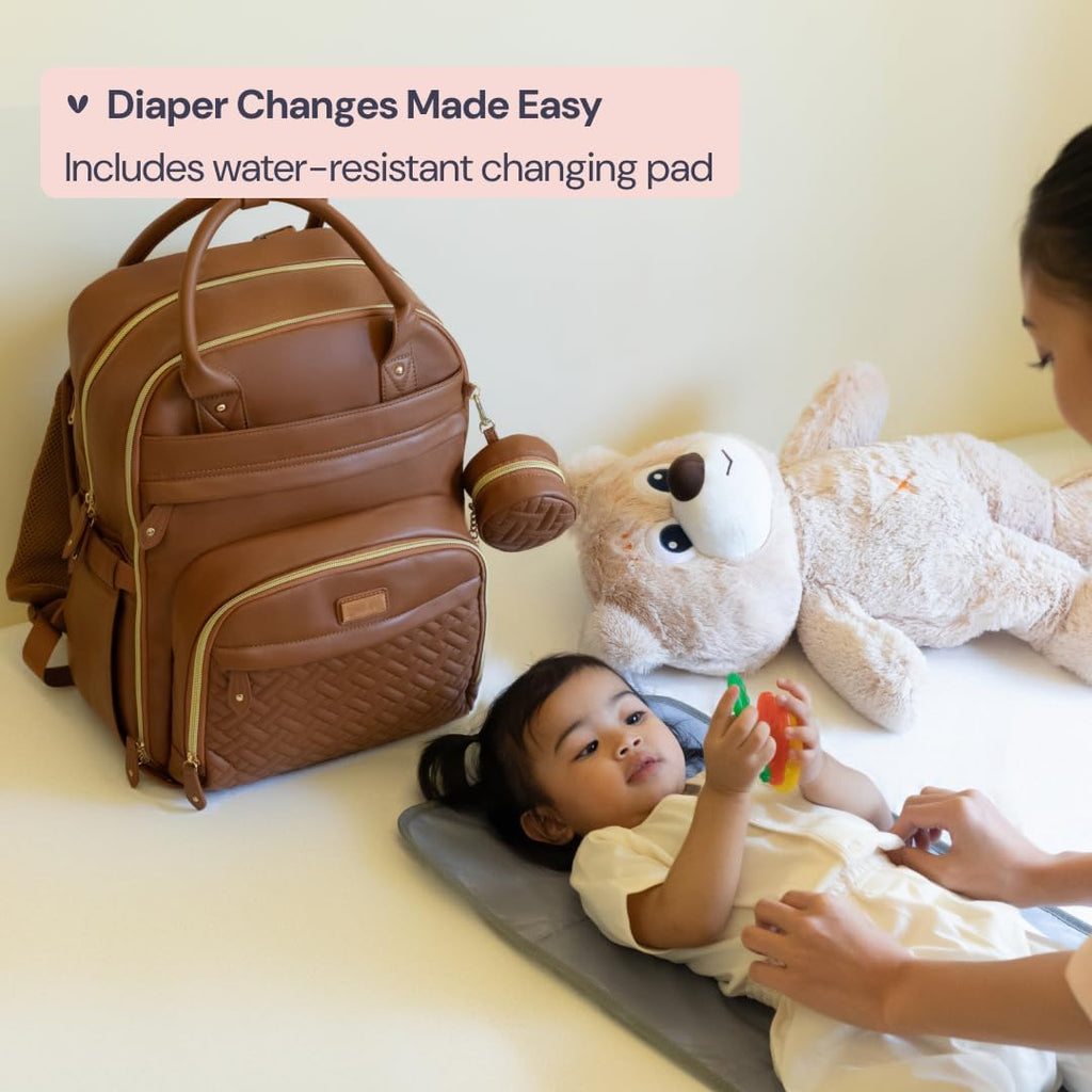 Leather Diaper Bag Backpack - Baby Essentials Travel Baby Bag, Multi function, Water Resistant, with Changing Pad
