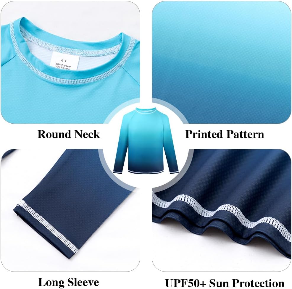 Boys Two Piece Rash Guard Swim Set Toddler Kids Long Sleeve Bathing Suit Swimwear Shirt with Trunks Quick Dry