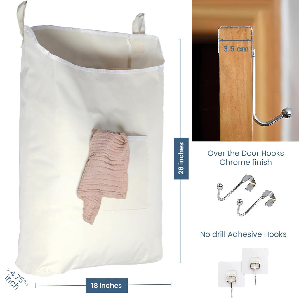 Over the Door Hanging Laundry hamper bag, 18x4.75x28", Beige-L
