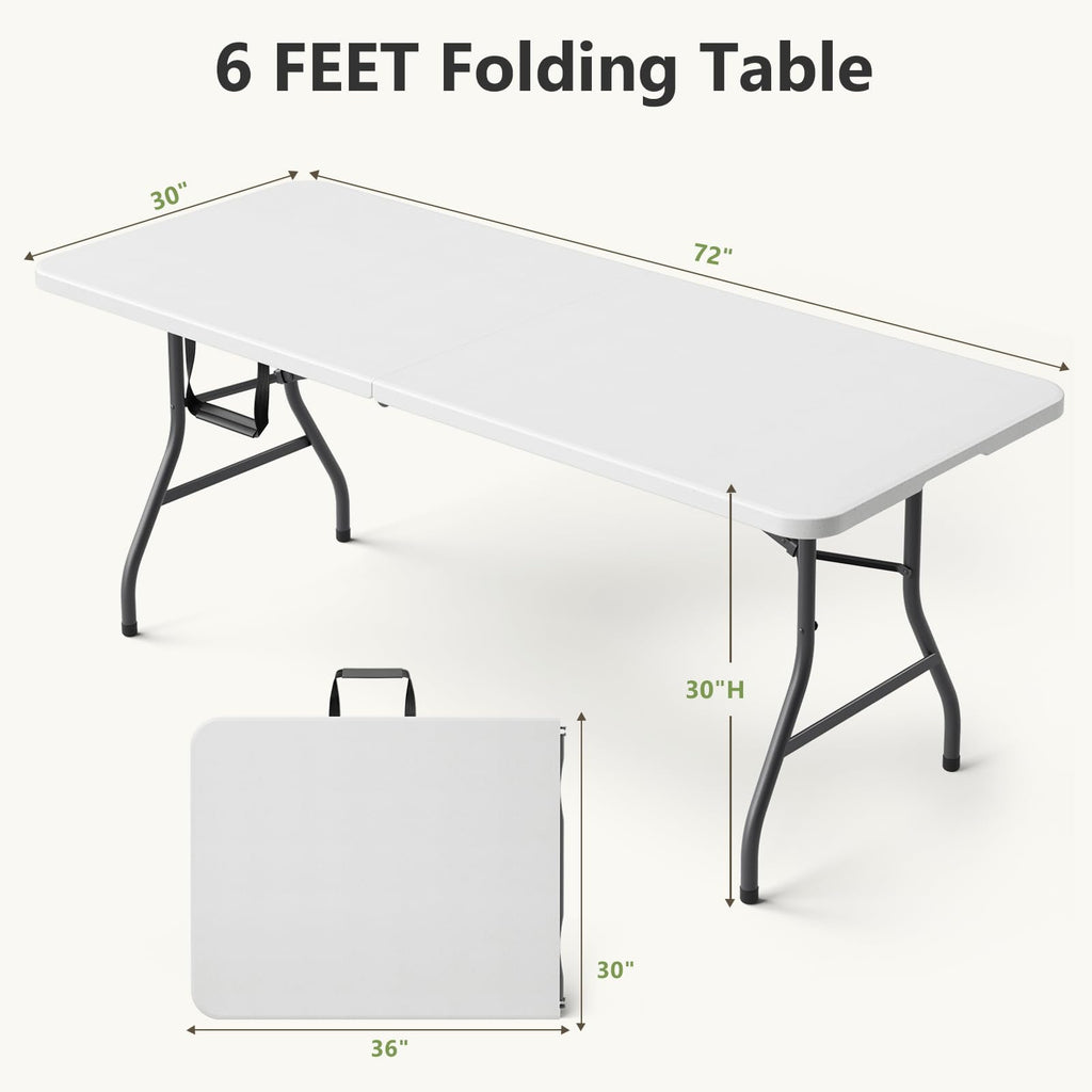 Folding Table, 6 FT Foldable Plastic Table with Carrying Handle, Heavy Duty Portable Fold-in-Half Utility Table for