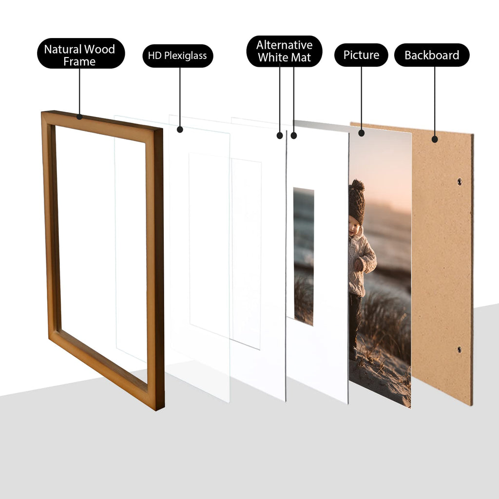 11x14 Picture Frame Brown, Solid Wood Frames with Acrylic Plexiglass for Pictures 5x7/8x10 with Mat or 11x14 without