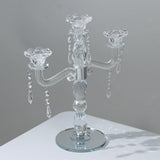 Crystal 3-Arm Candelabra Taper Candle Holder with Hanging Prisms & Round Mirror Base - Faceted Cut Glass Design - 14"