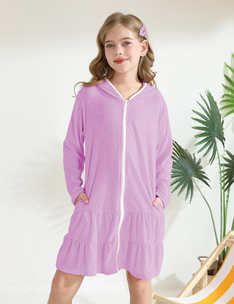 Girls Swim Cover Up Kids Long Sleeve Swimsuit Coverup Terry Beach Pool Clothes with Sunglasses