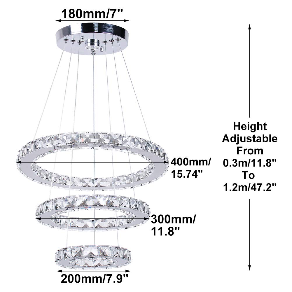 3-Ring LED Crystal Chandelier, Silver