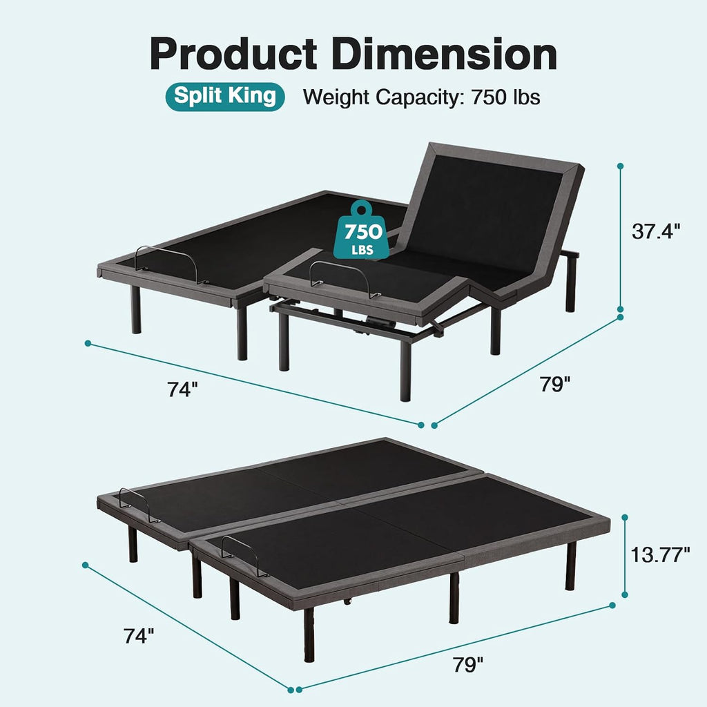 Split King Adjustable Bed Frame, Electric Base, Head & Foot Incline - Set of 2