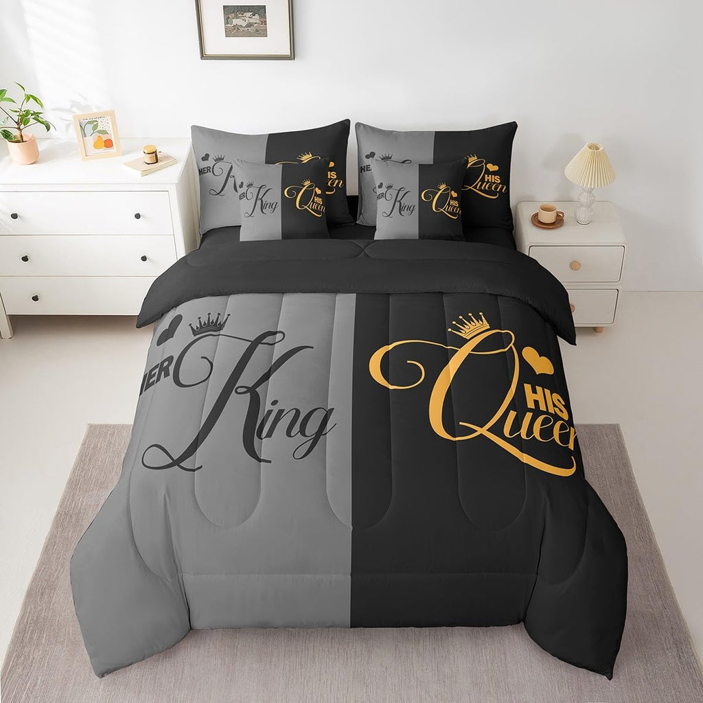 Erosebridal King and Queen Bed in a Bag King Comforter Set 7 Pieces,Her King and His Queen Crown Sheet Set,Romantic