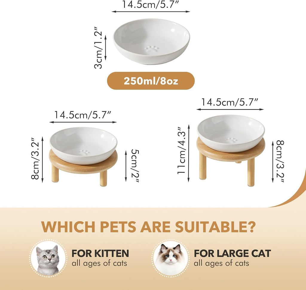 Elevated Cat Bowls, Ceramic Cat Bowl with Bamboo Stand Wide Opening