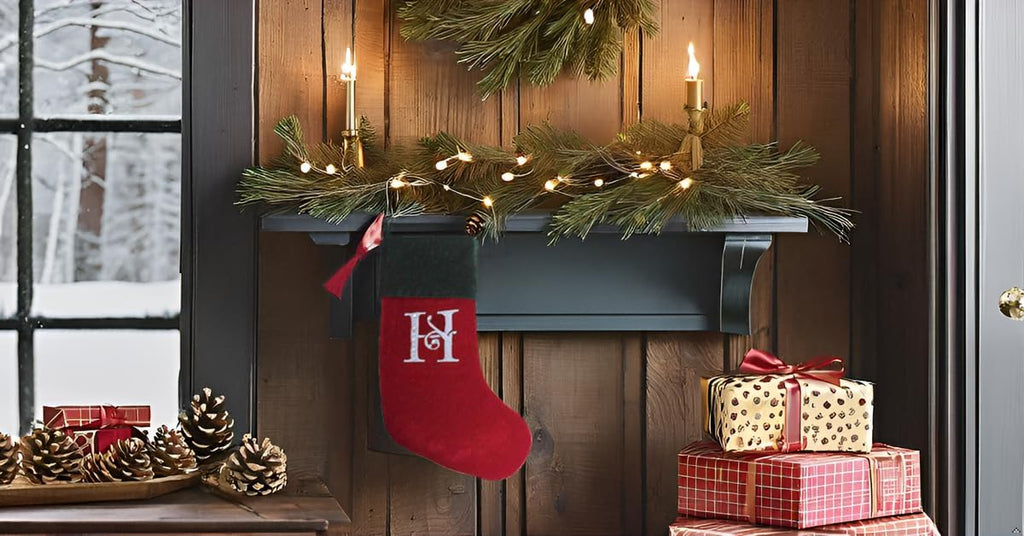 Christmas Stocking Red & Green Velvet with Tassel, Rhinestone Monogram (H)