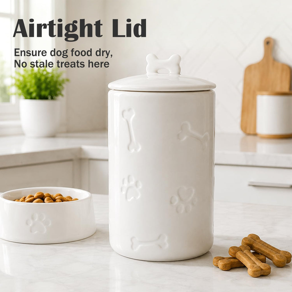 Dog Treat Container Airtight - 9"x5" Ceramic Big Treats Jar with Lid(White)