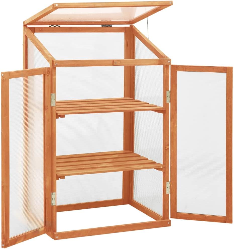 Wooden Cold Frame Greenhouse 23.6 x 17.7 x 39.4 Inch, Mini Garden Plant Growing Box with PC Board, Hinged Lid and 2