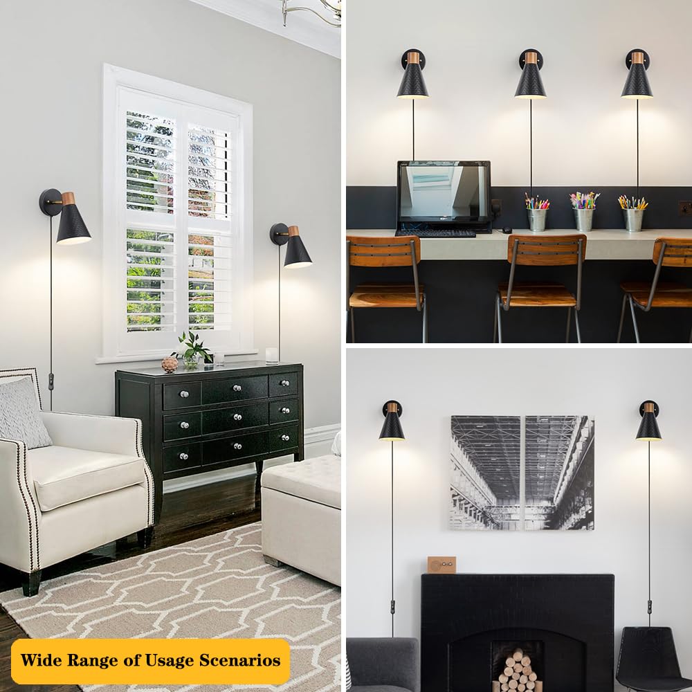 Black Plug in Wall Sconces Set of 2, Modern Bedroom Wall Light with on/off Cord, Wooden Plug Sconce with Hammered