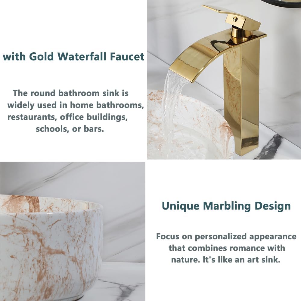 White Marbling Bathroom Vessel Sink with Waterfall Faucet and Pop-Up Drain Combo,14 Inch Ceramic Vessel Sink Above