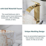 White Marbling Bathroom Vessel Sink with Waterfall Faucet and Pop-Up Drain Combo,14 Inch Ceramic Vessel Sink Above