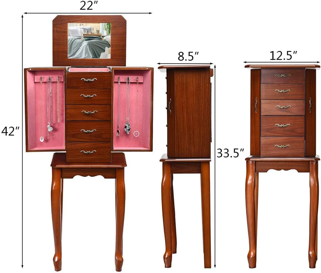 Wooden Jewelry Cabinet Armoire, 5-Tier Standing Jewelry Chest with Top Flip Makeup Mirror 4 Drawers 6 Necklace Hooks