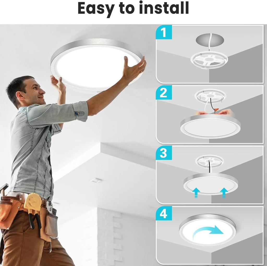 12 inch Flush Mount LED Ceiling Light Fixture, 3000K 4000K 6500K Adjustable, 28W 3200lm Brushed Nickel Satin Round