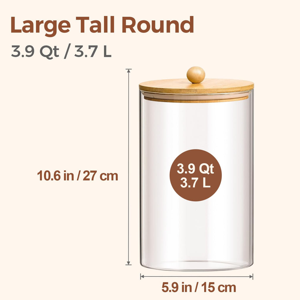 Glass Storage Jars with Bamboo Lids 3.9 Qt 2 Pack Large Pantry Round