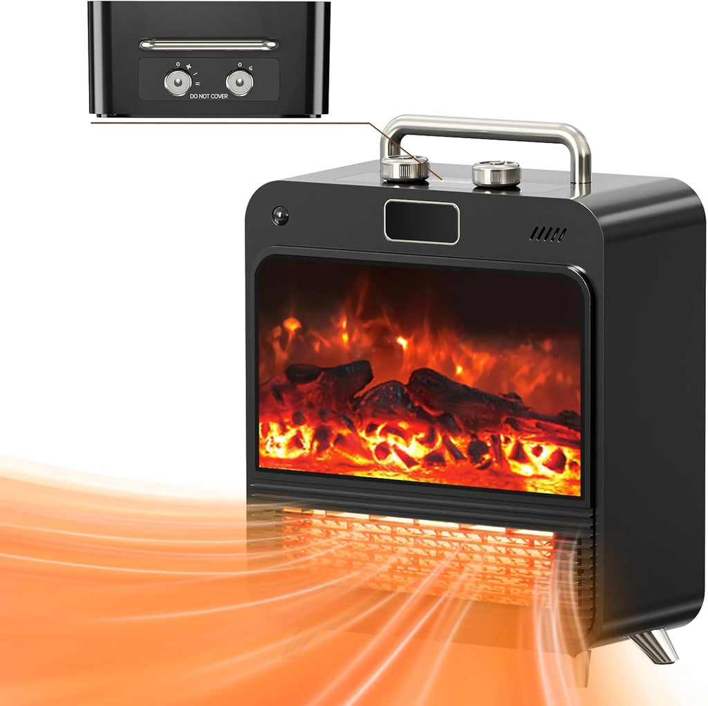 3-in-1 Portable Electric Fireplace Heater, 750/1500W Indoor Space Heater with Realistic 3D Flame and Fan Mode