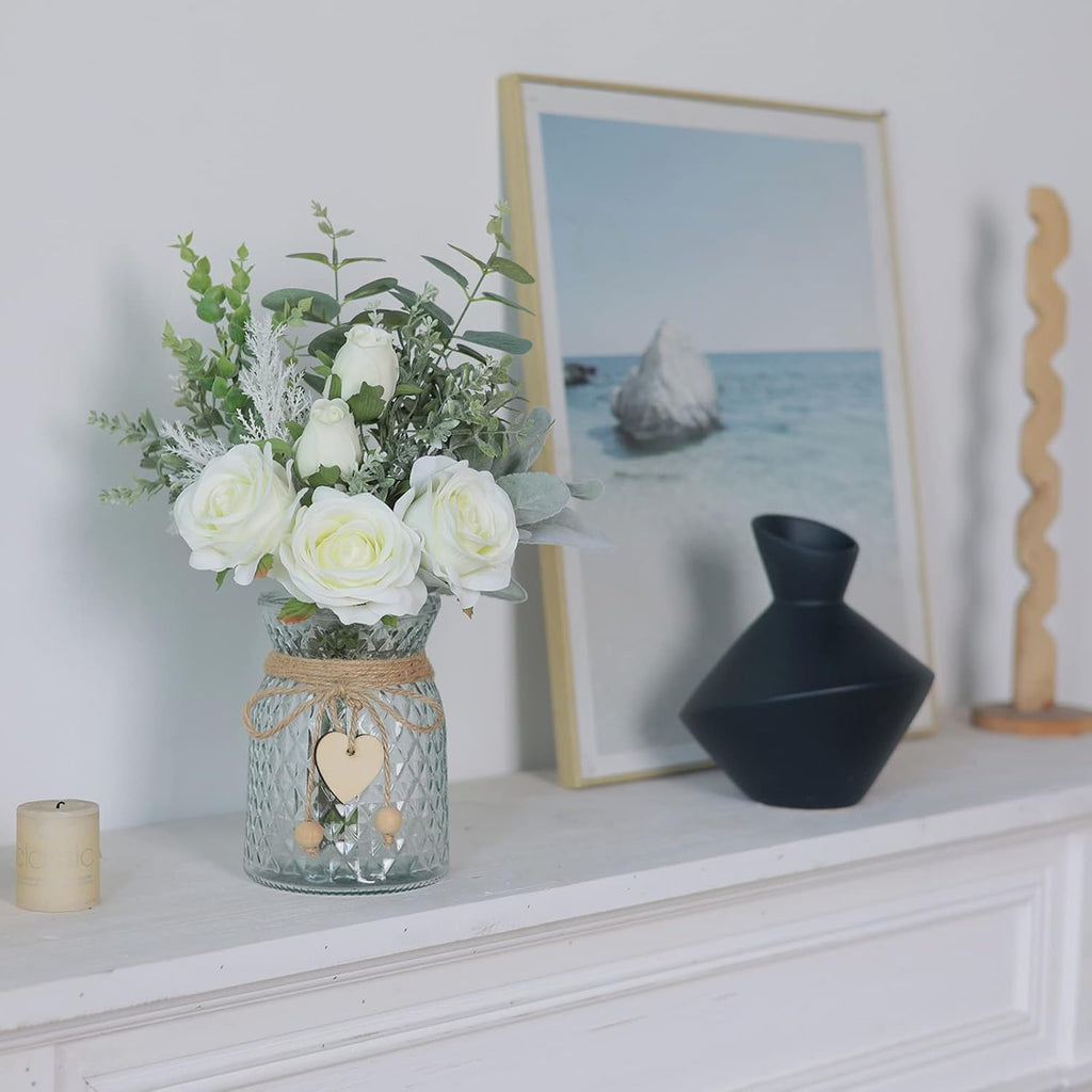 14.5" Faux Flowers with Vase,Artificial Silk Roses in Vase(White) | Realistic Fake Plant Faux Eucalyptus,Flower