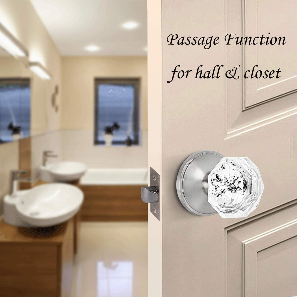 Passage Door Knobs Satin Nickel,Clear Glass Door Knob Interior,Keyless Crystal Doorknob with Lock(Hall/Closet)