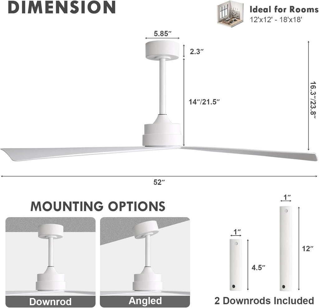 Inspired Adler Style 52" DC Ceiling Fan Without Light, 3 Sculpted ABS Blades, 6-Speed Remote - White