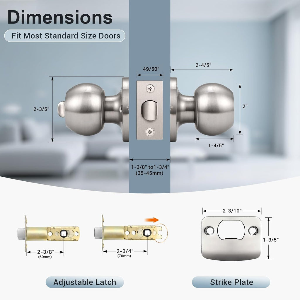 Interior Door Knobs in Brushed Nickel Finish, Keyless Privacy Door Knob, Round Ball Style Door Knob Bathroom, Indoor