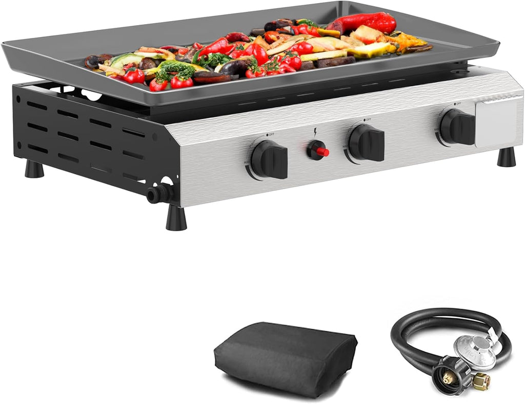 3-Burner Outdoor Propane Gas Griddle, 23.3-Inch Flat Top Grill, 30,000 BTU Portable Camping Griddle