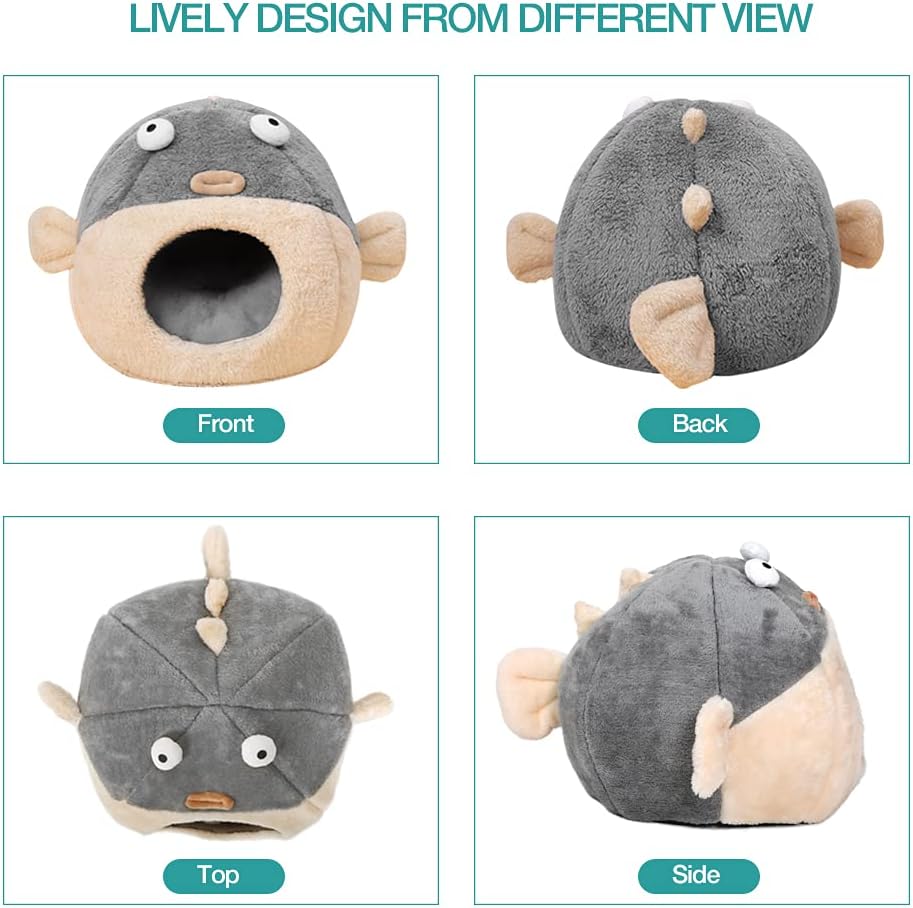 Cat Beds for Indoor Cats-Cat Bed Cave, Cute Lively Pufferfish shape, Grey L