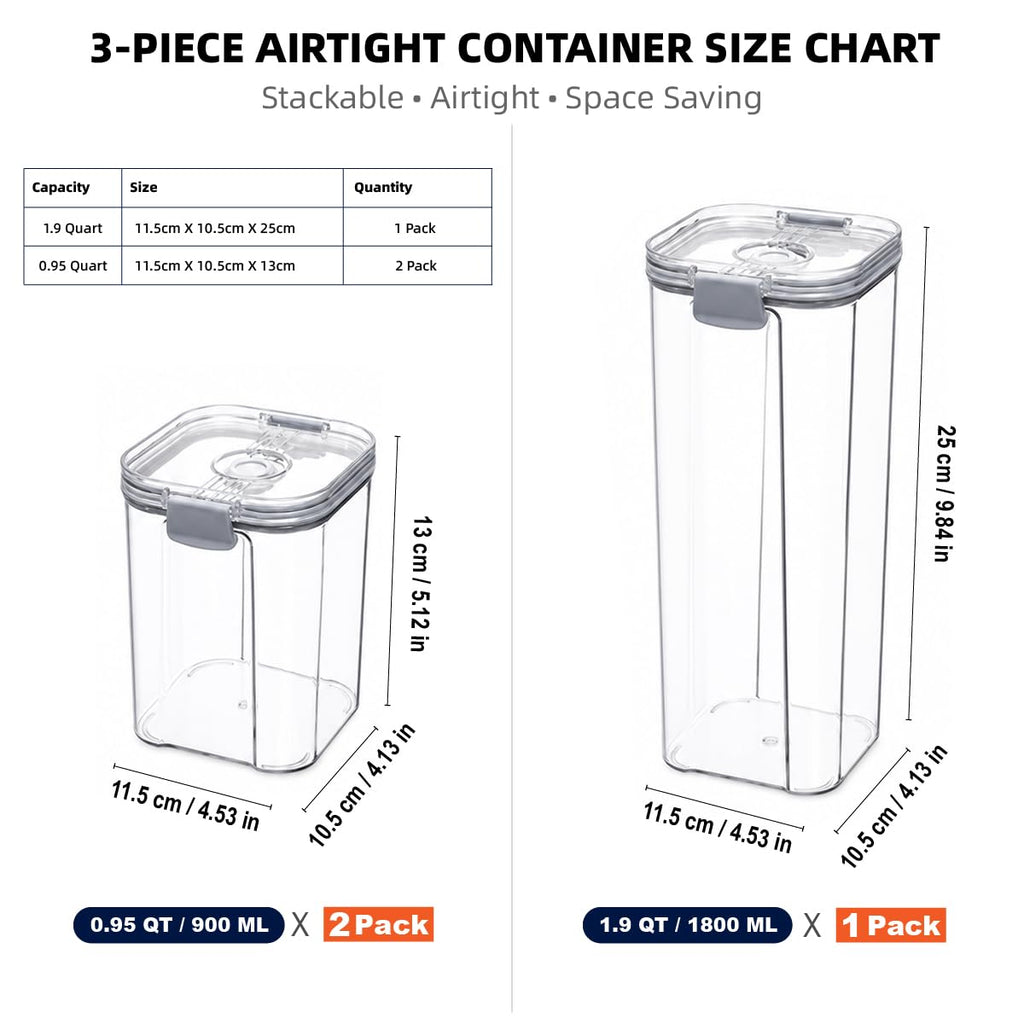 3-Piece Vacuum Seal Food Storage Containers with Pump, Airtight Clear Plastic Canister Set, Stackable Pantry