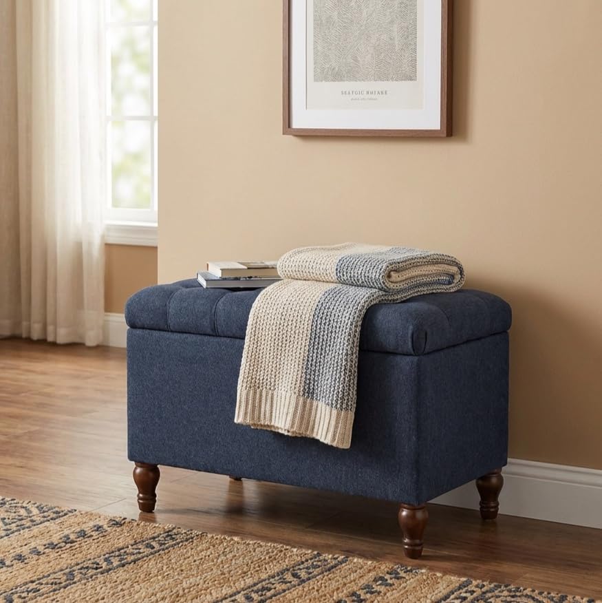 24" Button Tufted Storage Ottoman - Blue Woven Fabric