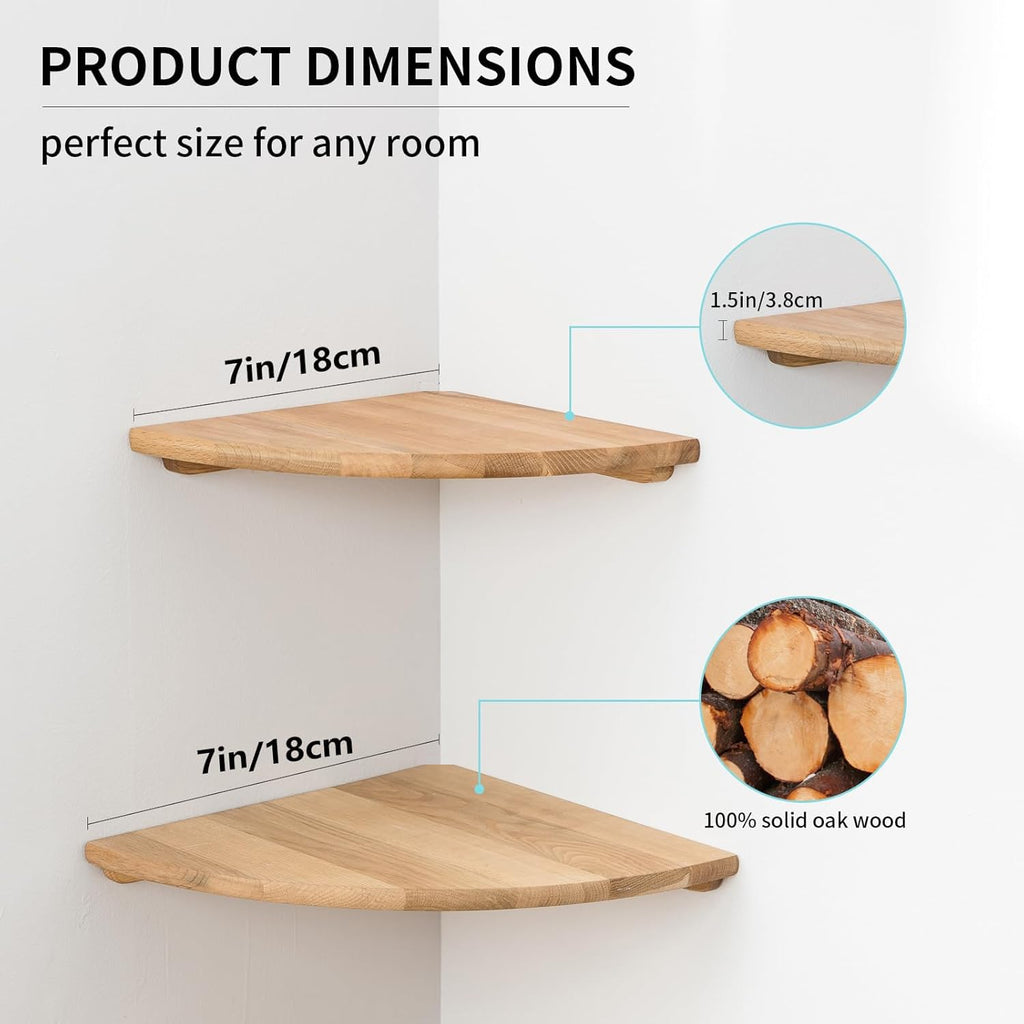 Corner Shelves, Floating Corner Shelf, Set of 2 7inch Solid Oak Wood Wall Shelves, Round End Wall Mount with Wire