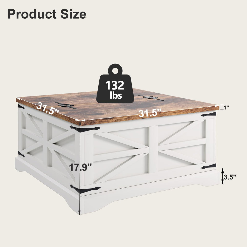 Farmhouse Coffee Table with Storage, Square Coffee Tables, Rustic Wood Center Table with Hinged Lifting Tabletop