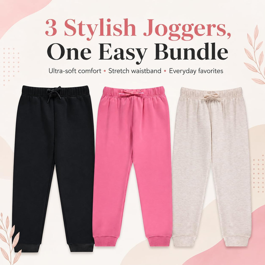 Kids Girls Fashion Stretch Waist Ultra Soft Jogger Pants Set 3 Pack Bundle