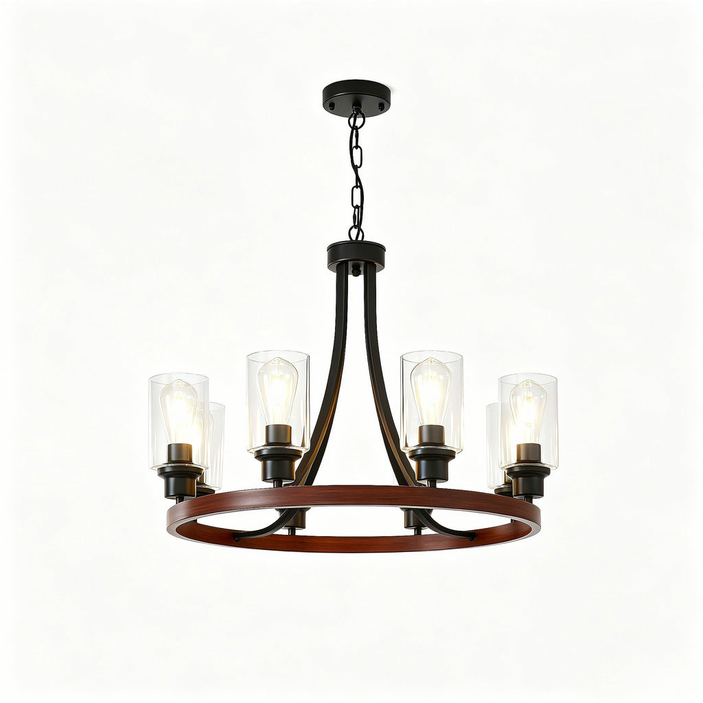 Farmhouse Chandelier, 8-Light Round Rustic Ceiling Light, Faux Wood & Black Metal Hanging Chandelier, Adjustable