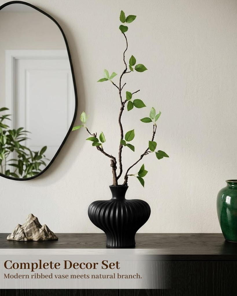 Heart Shaped Vase with Artificial Branch Set, 1 pcs Artificial Stem in Black Ceramic Vase, 22" Fake Plants &