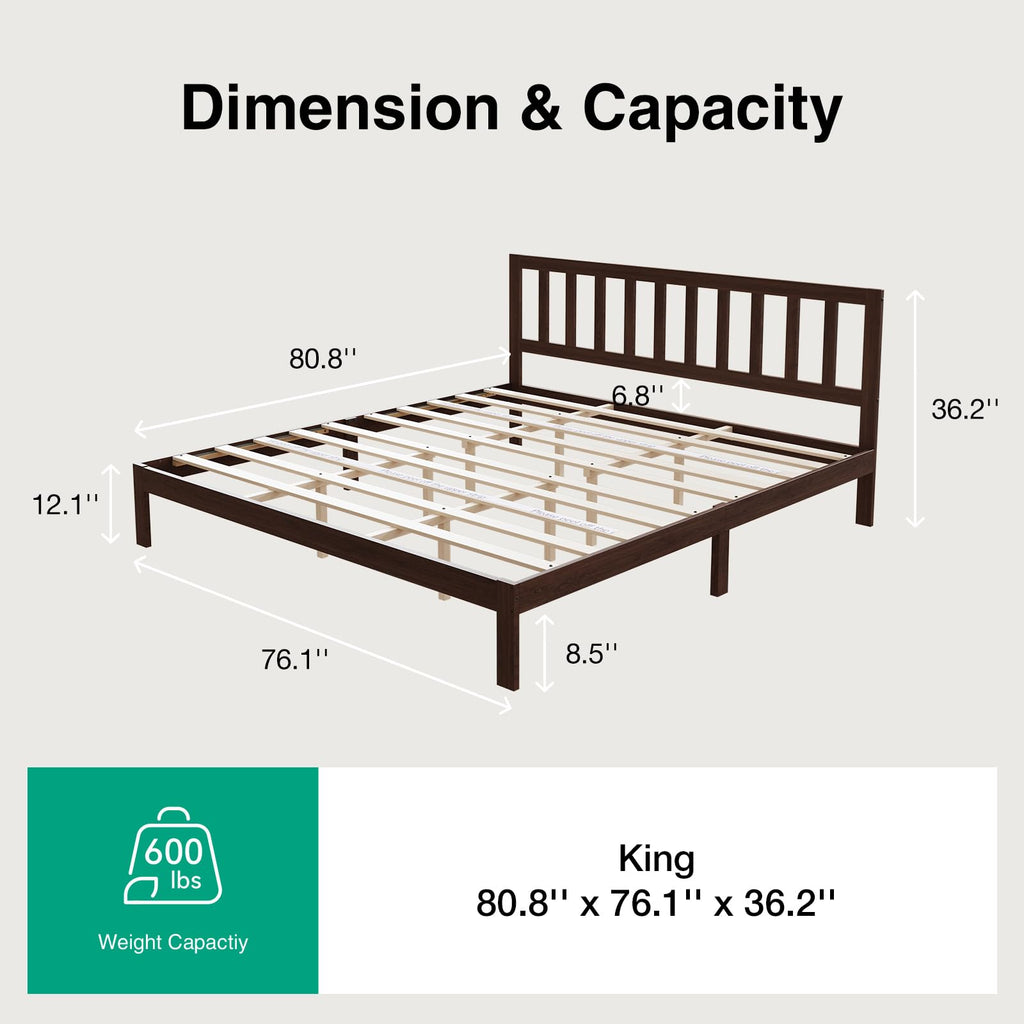 12inch King Size Bed Frame Wooden King Bed Frame and Headboard, Classic King Size Bed Frame with Headboard, No Box