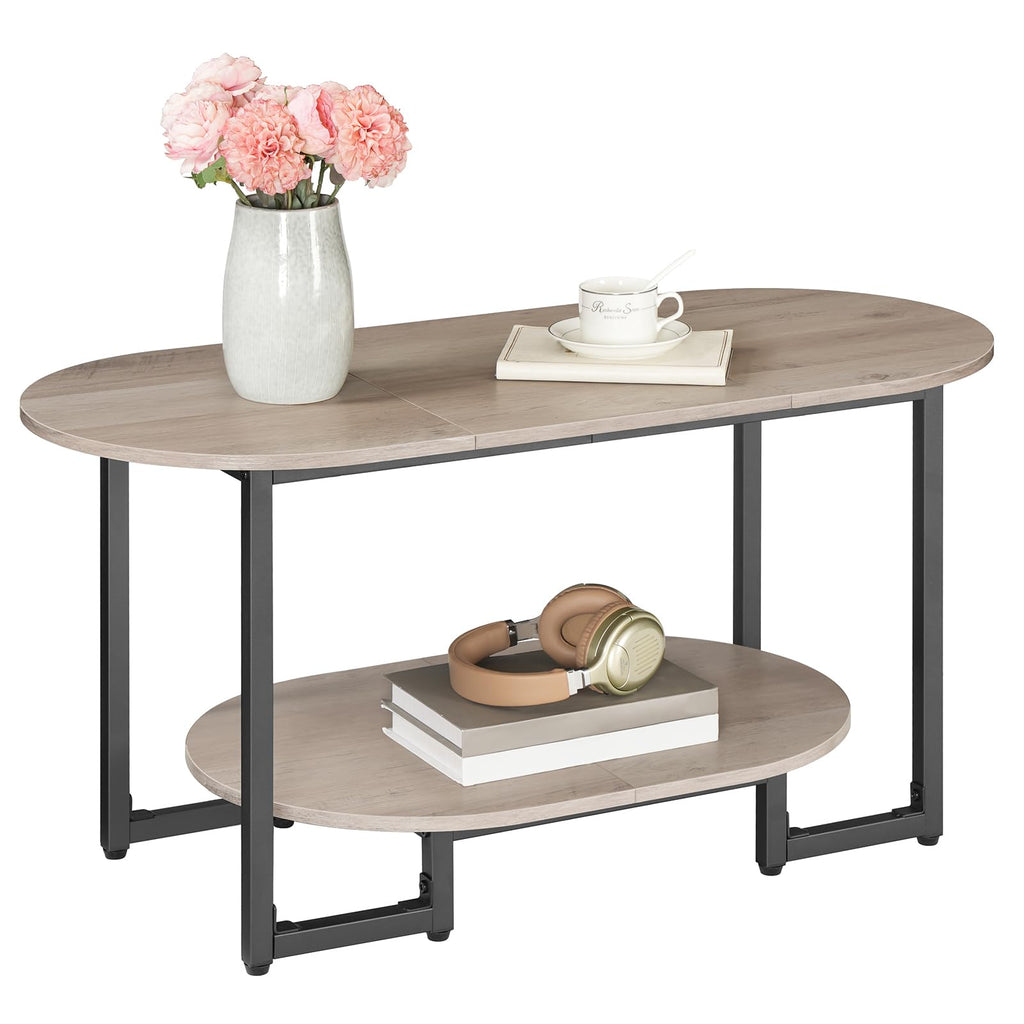 Coffee Table, Oval Small Coffee Table with 2-Tier Open Storage Shelf, Industrial Cocktail Tea Table, Wooden Desktop