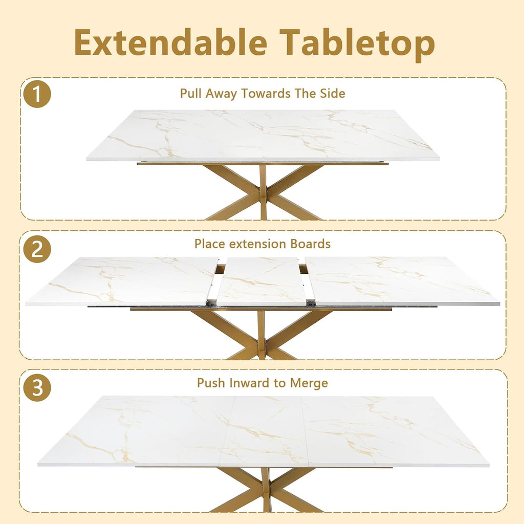 63"-79" Extendable Dining Table for 6-10 People, Modern Rectangle Extendable Kitchen Table with Gold Faux Marble