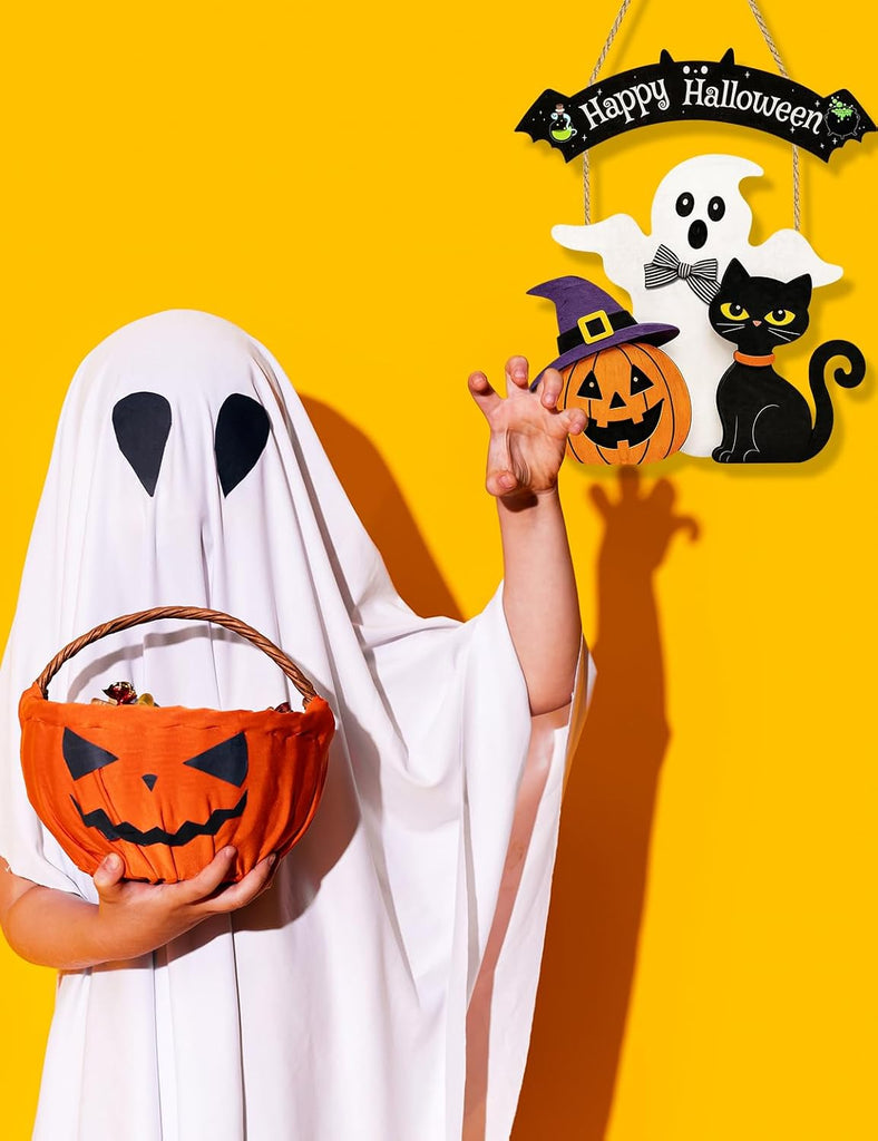 Halloween Wreaths for Front Door Welcome Sign for Happy Halloween Wall Decorations Wooden Boo Ghost Black Cat Pumpkin