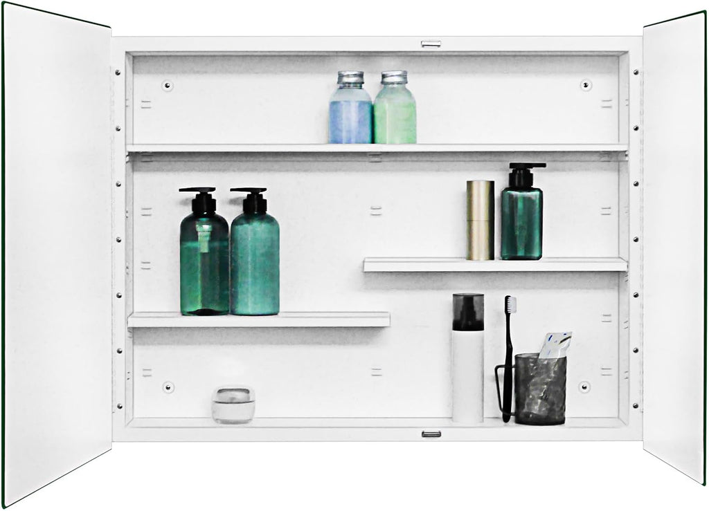 White Metal Double Door Medicine Cabinet 30 x 24 Beveled Mirror, Wall Mount | Double Door Metal Mirror Cabinet with